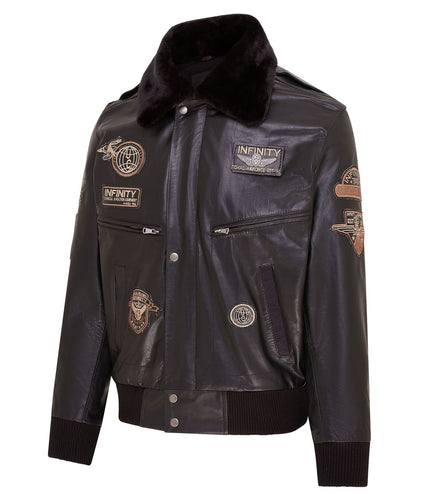 Mens Leather Bomber Jacket Air Force Badge Pilot Flying US Aviator Jacket - Black