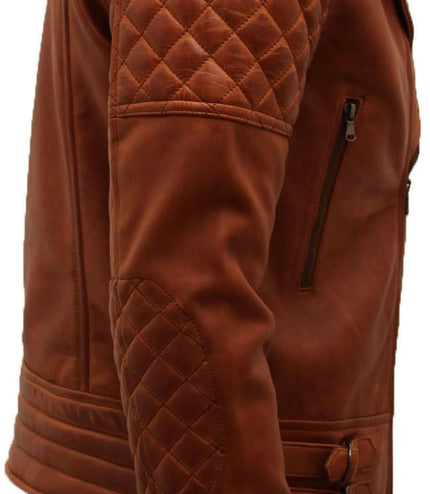 Mens Quilted Leather Biker Jacket-Bordeaux - Tan