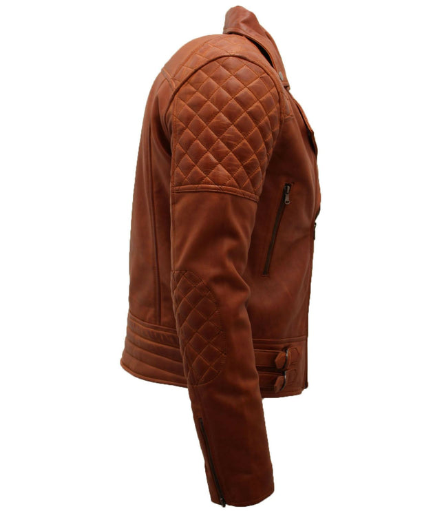 Mens Quilted Leather Biker Jacket-Bordeaux - Tan