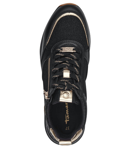 Tamaris Womens Black Gold Fashion Lace-Up Zipped Sneakers Trainers