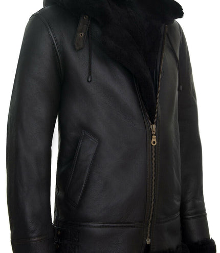 Mens Hooded Sheepskin Leather B3 Flying Jacket-Columbus - Black