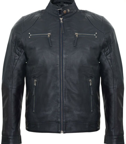 Mens Moto Leather Biker Jacket-Taiwan - Navy