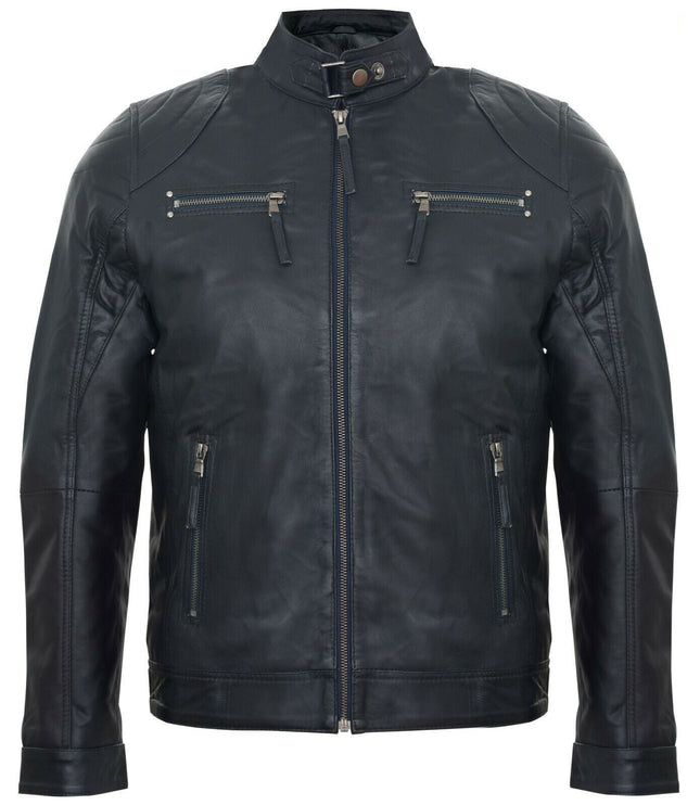 Mens Moto Leather Biker Jacket-Taiwan - Navy