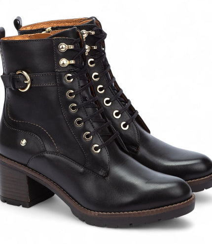 Pikolinos Women's Black Leather Mid-Heel Combat Ankle Boots - Llanes