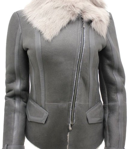 Womens Grey Toscana Shearling Flying Jacket-Teresina