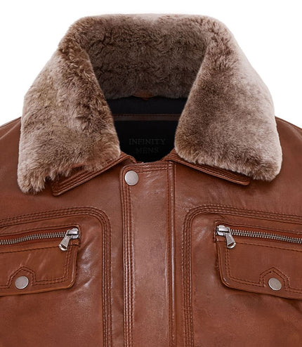 Mens Leather Jacket Trucker Removable Sheepskin Collar Casual Jacket - Tan