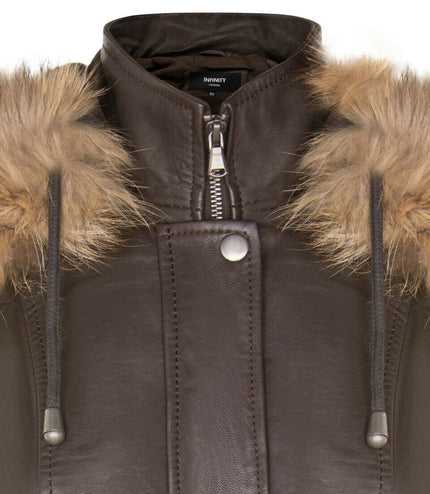 Womens Warm Leather Hooded Parka Jacket-Northwich - Brown