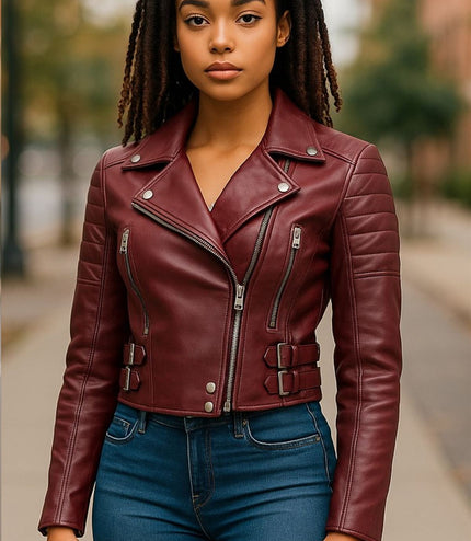 Womens Cropped Brando Leather Biker Jacket-Damascus - Burgundy
