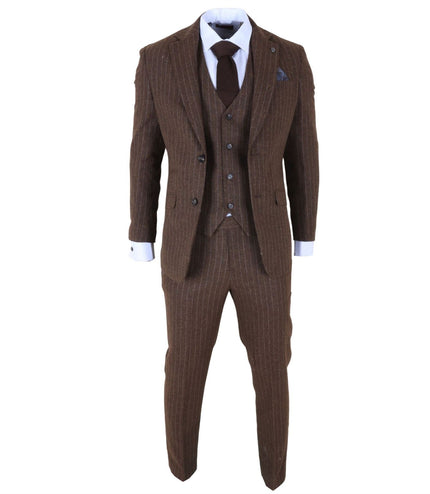Men's Brown Pinstripe 3 Piece Slim Fit Formal Dinner Suit