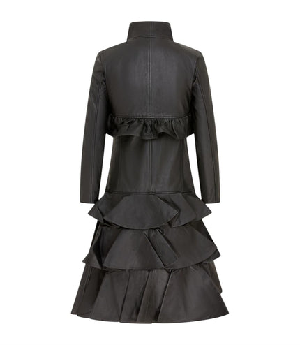 Womens Goth Black Leather High Collar Victorian Flare Tailcoat - Challa