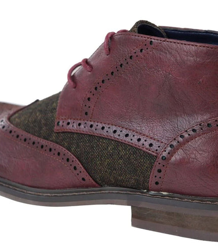 Mens Classic Tweed Oxford Brogue Ankle Boots In Wine Leather
