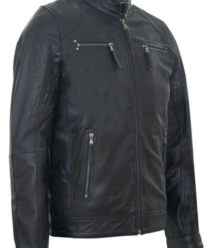 Mens Moto Leather Biker Jacket-Taiwan - Navy