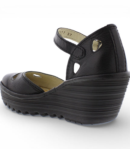 Fly London Women's Yuna Black Leather Wedge Sandals