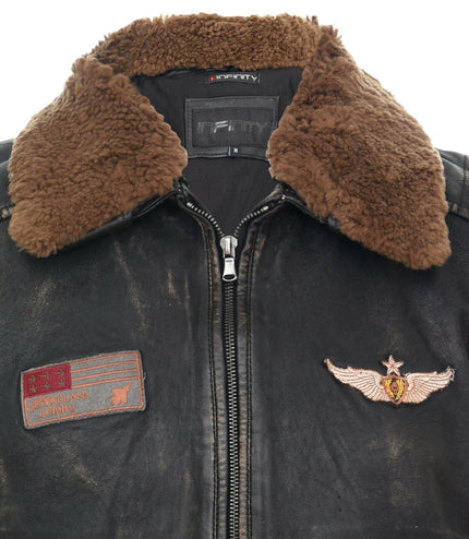 Mens Badged Vintage Black Leather Bomber Jacket-Tunis