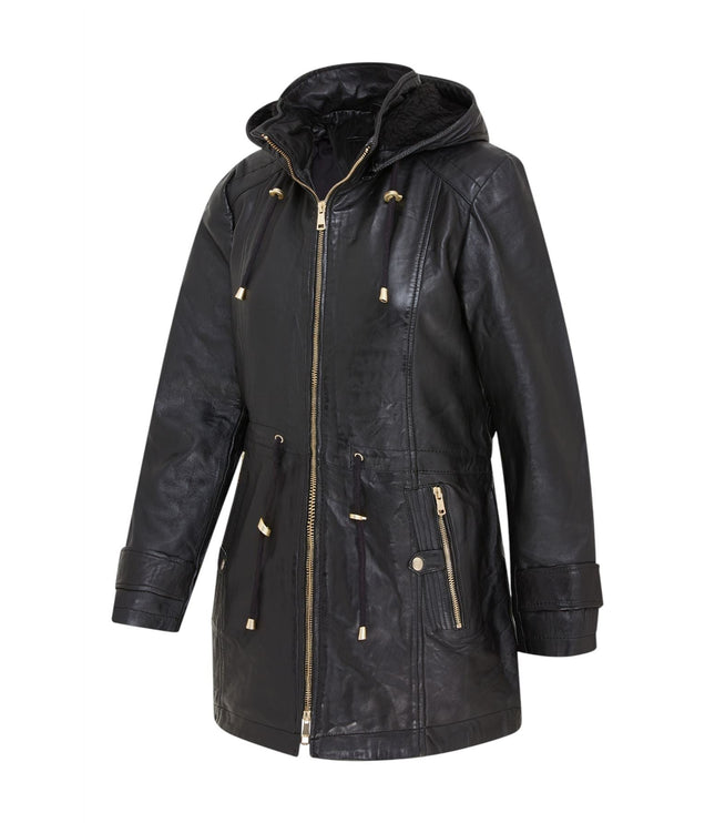 Women's Black Leather Parka Detachable Borg Hooded Trench Coat - Trekker
