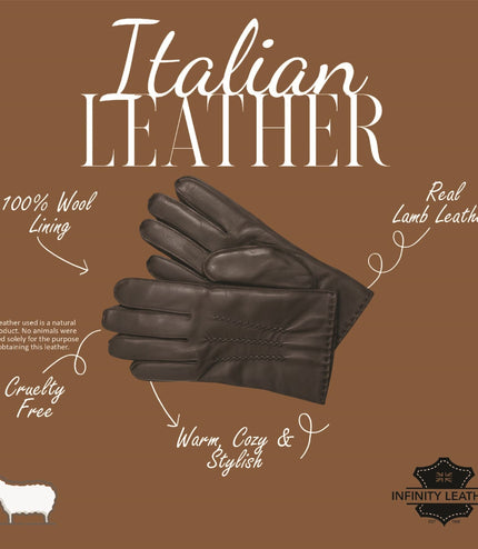 Men's Brown Italian Leather Warm Wool Lining Winter Stich Design Gloves - M-LGV-205