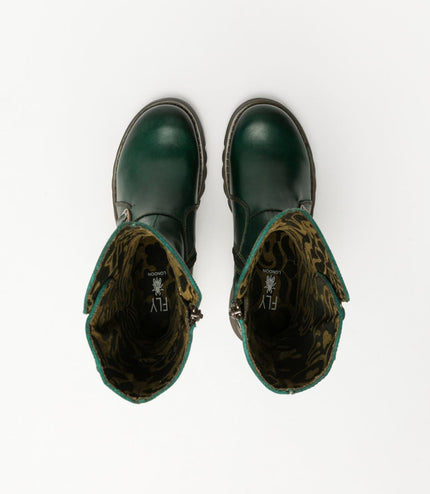 Fly London Womens Green Mes 2 Wedge Heel Buckle Mid-Calf Leather Zip Platform Boots
