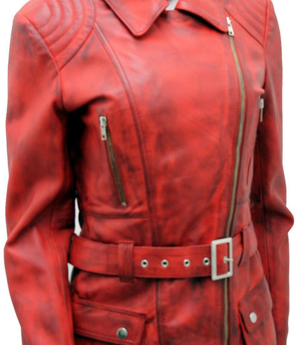 Womens Long Leather Biker Jacket-Quito - Red