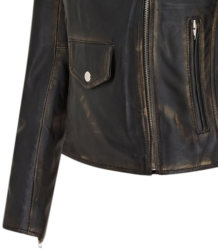 Women's Classic Brando Biker Leather Jacket - Broome - Vintage Black
