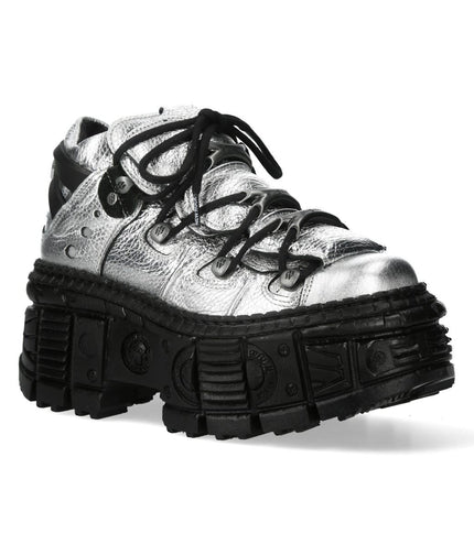 New Rock M-106Wall-C29 Metallic Silver Black Leather Gothic Ankle Boots