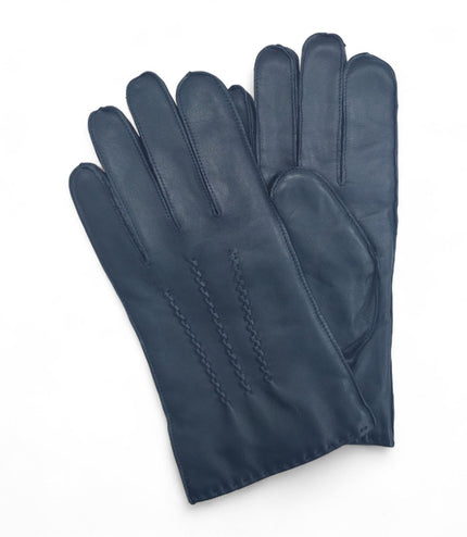 Men's Navy Blue Italian Leather Warm Wool Lining Winter Stich Design Gloves - M-LGV-205