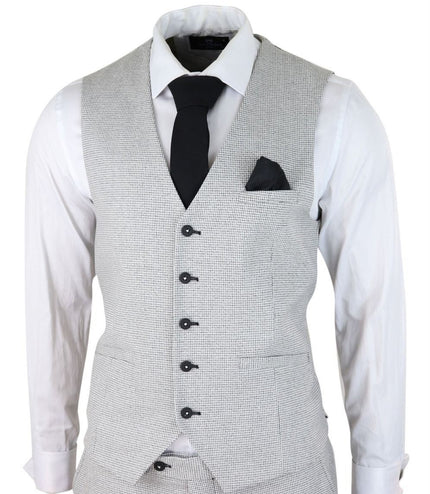 Mens 3 Piece Light Grey Check Tweed Retro Classic Suit