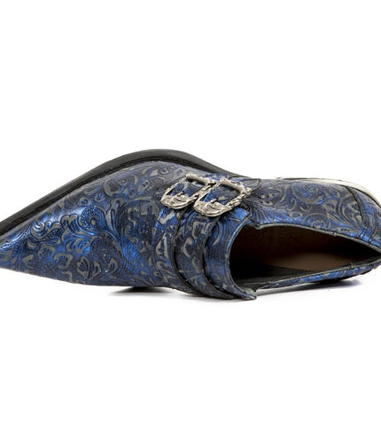 New Rock Vintage Blue Floral Leather Buckle Shoes-7960-S7
