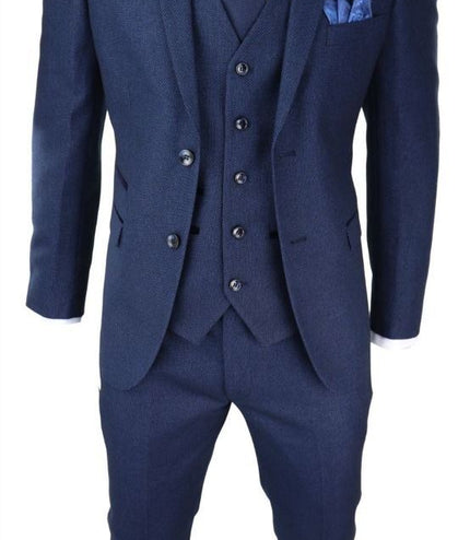 Mens 3 Piece Navy Blue Birdseye Tweed Classic Suit