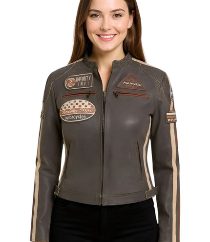 Womens Biker Racing Badges Leather Jacket-Eastleigh - Baby Blue