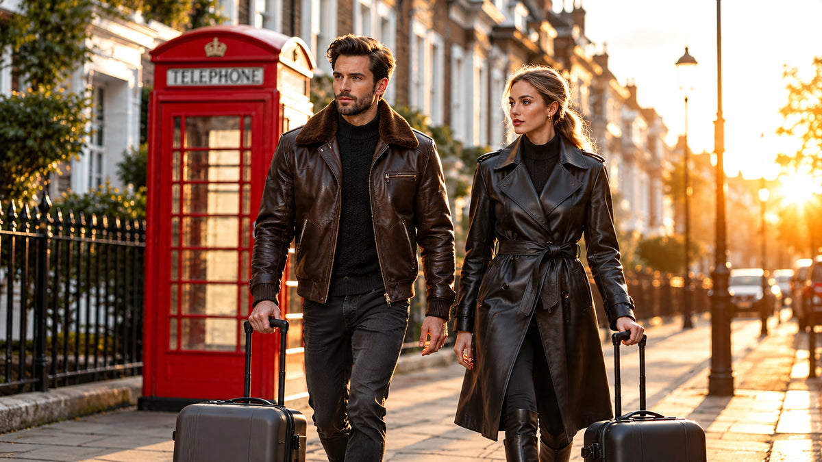 Couple in leather jackets with suitcases by a red London phone box